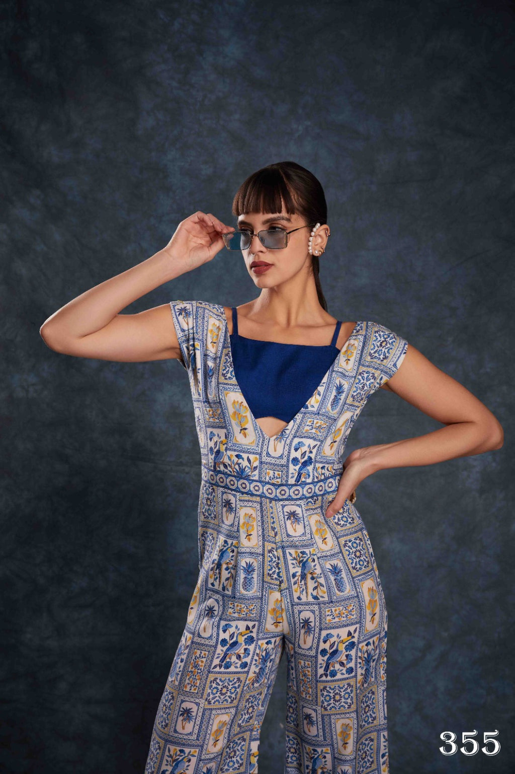 Buy Navy Blue Digital Printed Linen Jumpsuit From Ethnic Plus - ANIBEY