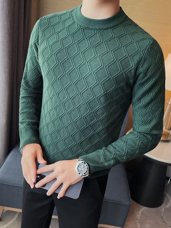 Round Neck High Elastic Diamond Plaid Sweater - ANIBEY