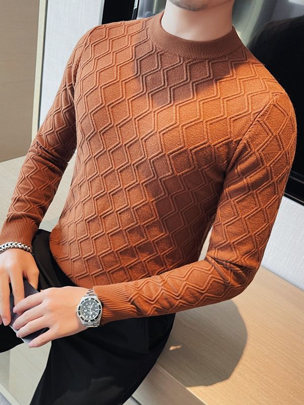 Round Neck High Elastic Diamond Plaid Sweater - ANIBEY