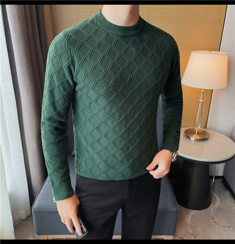 Round Neck High Elastic Diamond Plaid Sweater - ANIBEY