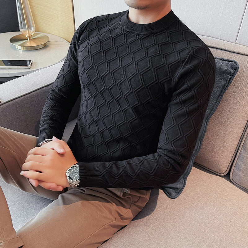 Round Neck High Elastic Diamond Plaid Sweater - ANIBEY