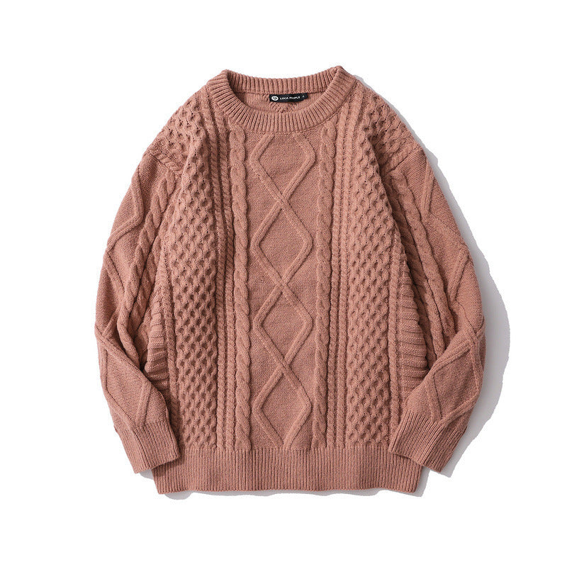 Japanese-style Retro Rhombus Twist Round Neck Sweater Loose And Idle All-matching Sweater - ANIBEY