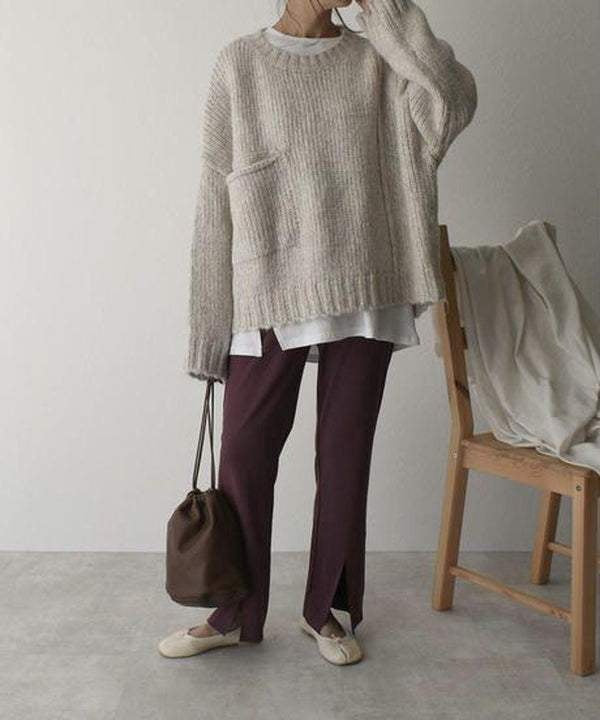 Women's Solid Color Pocket Pullover Sweater - ANIBEY