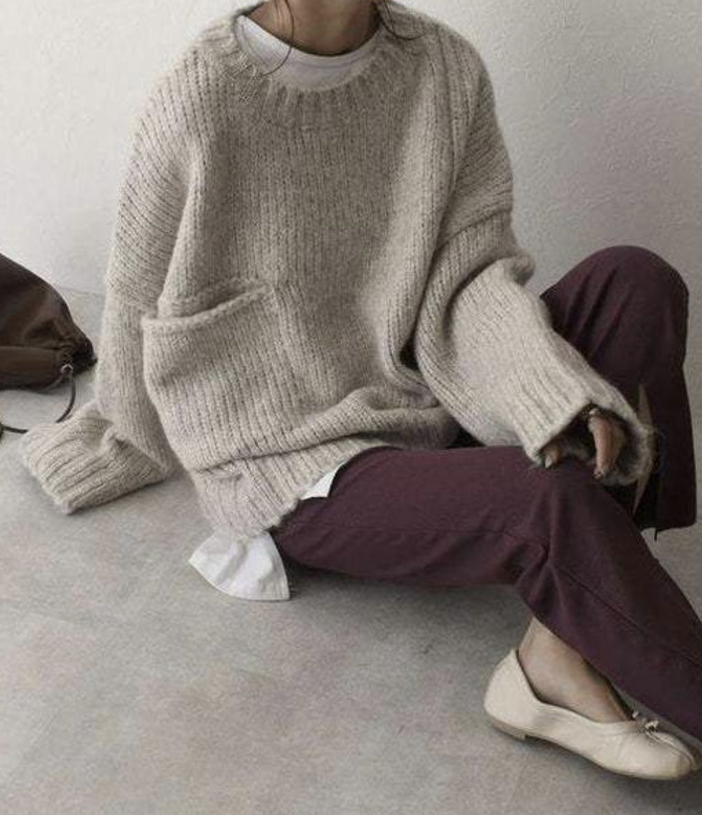 Women's Solid Color Pocket Pullover Sweater - ANIBEY