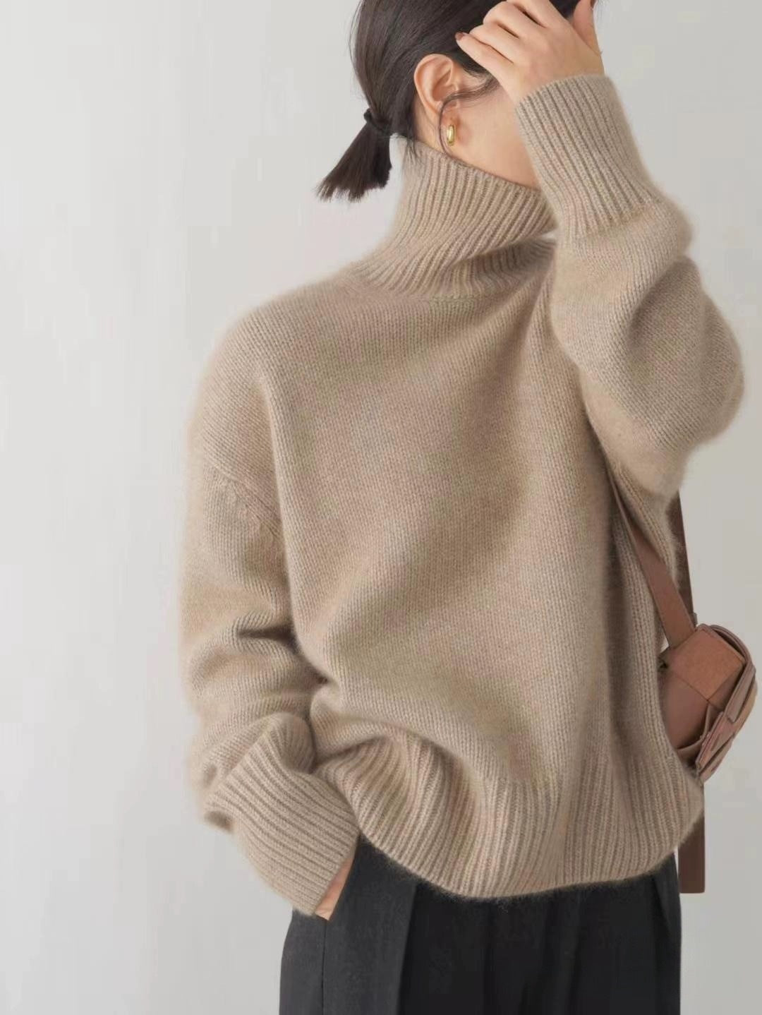 Women's Minimalist Turtleneck Wool Thick Loose Idle Style Knitted Bottoming Sweater - ANIBEY