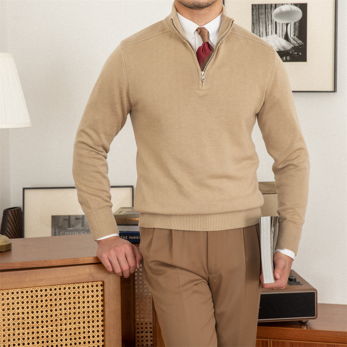 Commuter Slim-fit Stand-up Collar Zipper Wool Sweater - ANIBEY