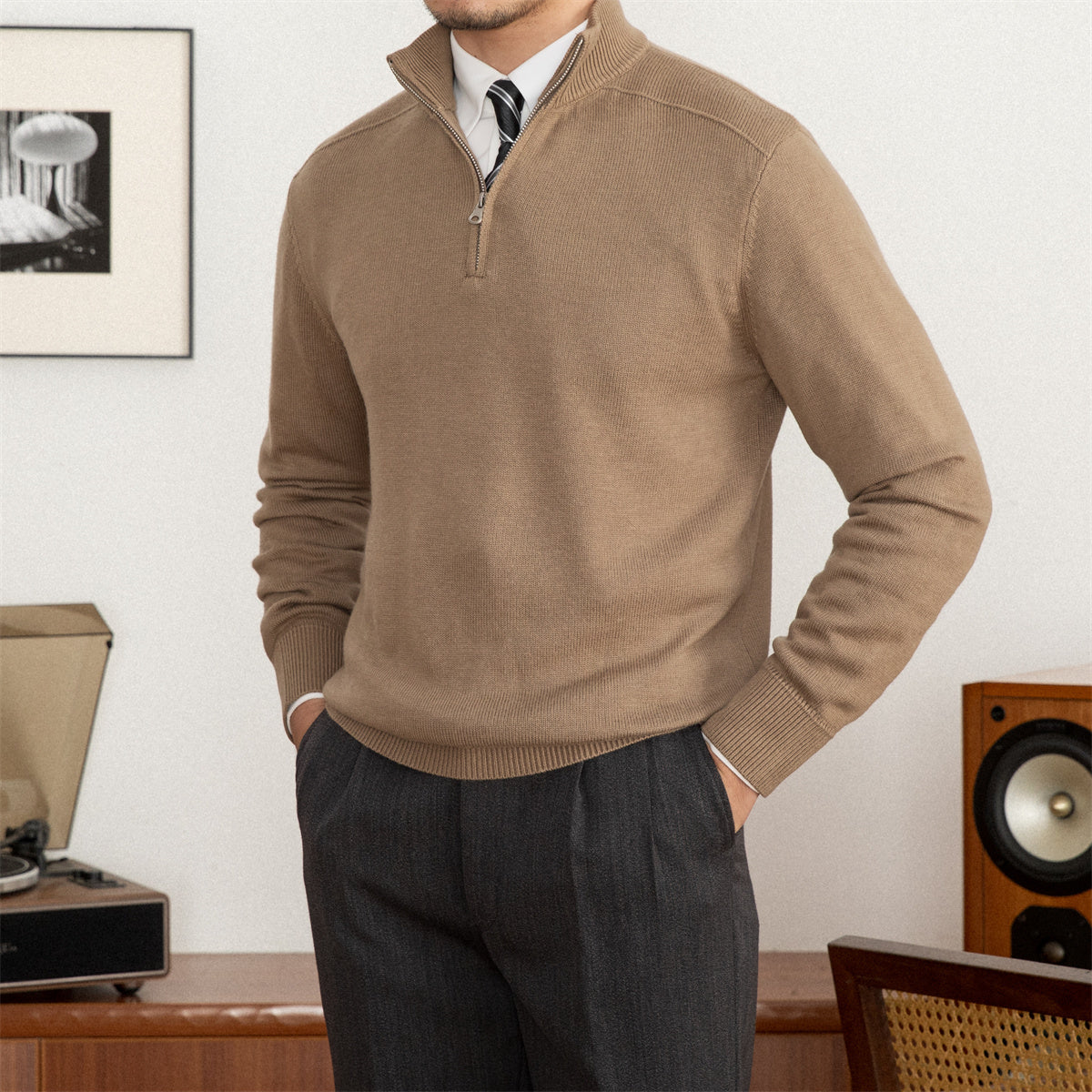Commuter Slim-fit Stand-up Collar Zipper Wool Sweater - ANIBEY