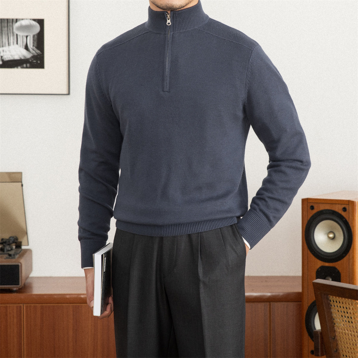 Commuter Slim-fit Stand-up Collar Zipper Wool Sweater - ANIBEY