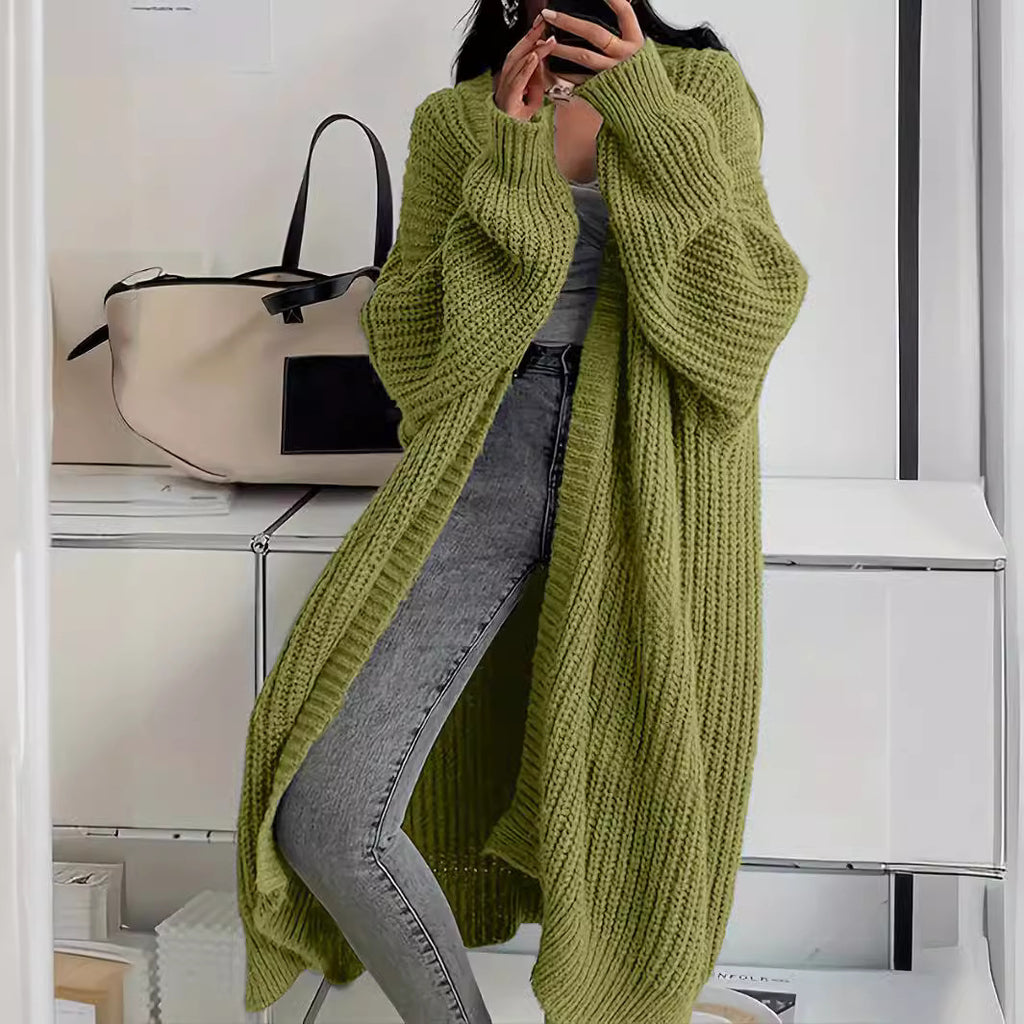 Knitted Long Cardigan With Pockets Fashion All-match Lantern-sleeved Coat - ANIBEY