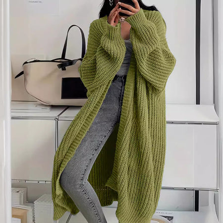 Knitted Long Cardigan With Pockets Fashion All-match Lantern-sleeved Coat - ANIBEY