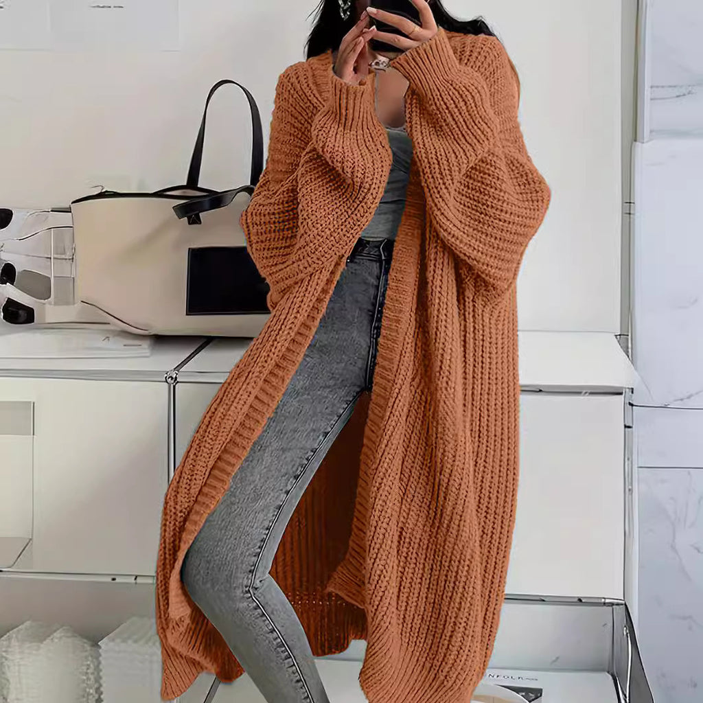 Knitted Long Cardigan With Pockets Fashion All-match Lantern-sleeved Coat - ANIBEY