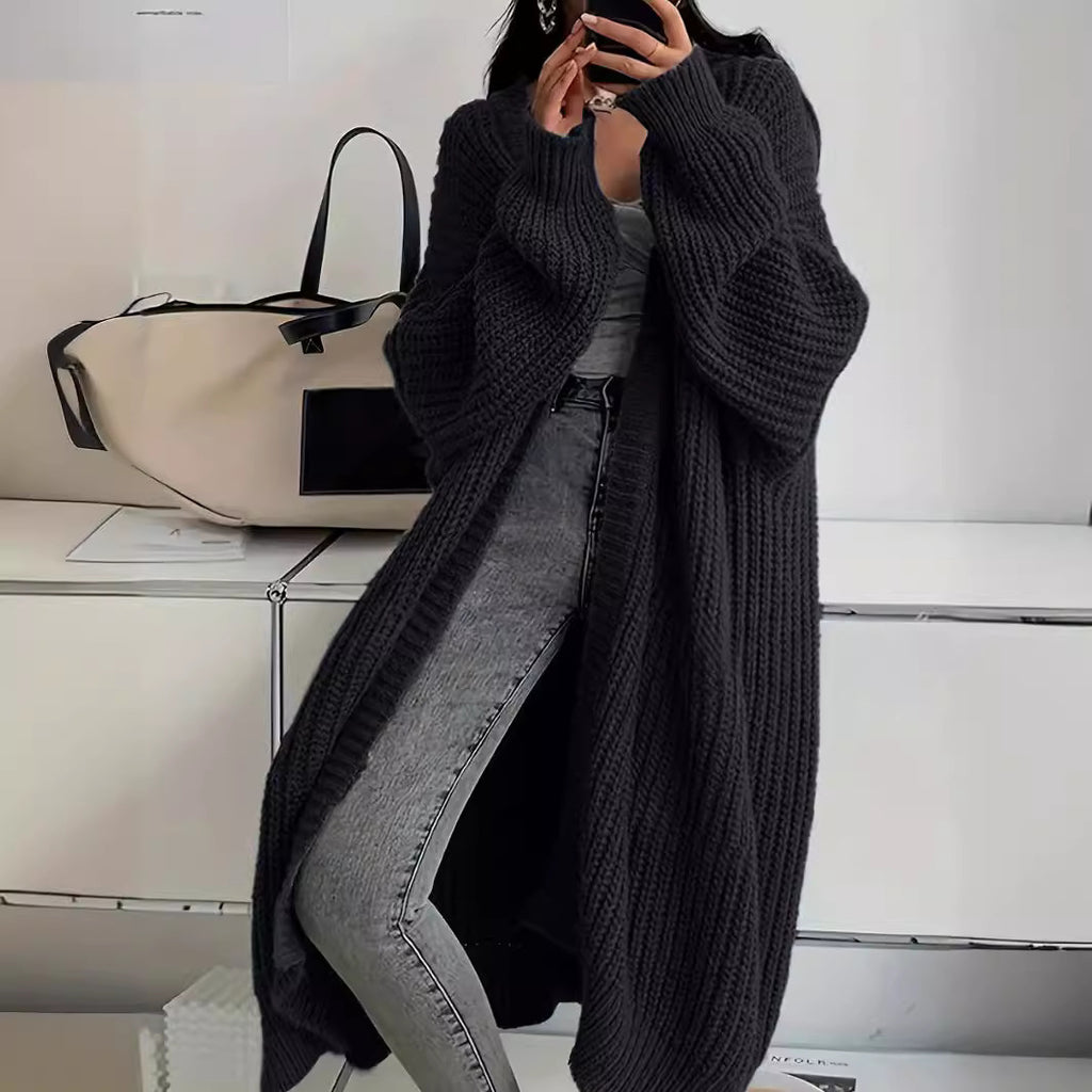 Knitted Long Cardigan With Pockets Fashion All-match Lantern-sleeved Coat - ANIBEY
