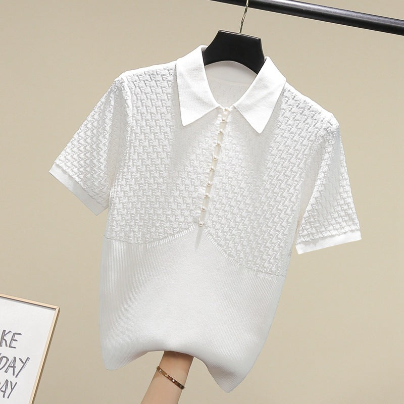 White Polo Collar Short-sleeved Sweater - ANIBEY
