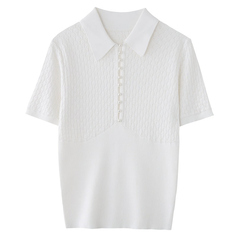 White Polo Collar Short-sleeved Sweater - ANIBEY