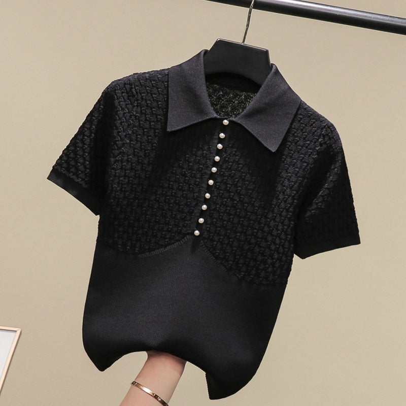 White Polo Collar Short-sleeved Sweater - ANIBEY