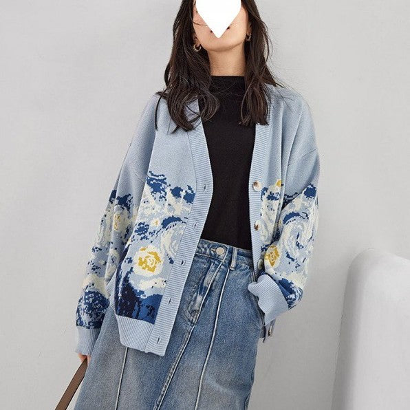 French Literary Retro Lazy Wind Van Gogh Knitted Sweater Women - ANIBEY