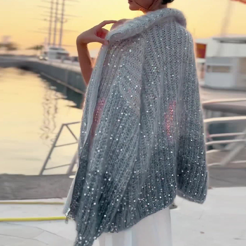 Heavy Embroidery Sequins Zipped Stand Collar Loose Sweater Coat Women - ANIBEY