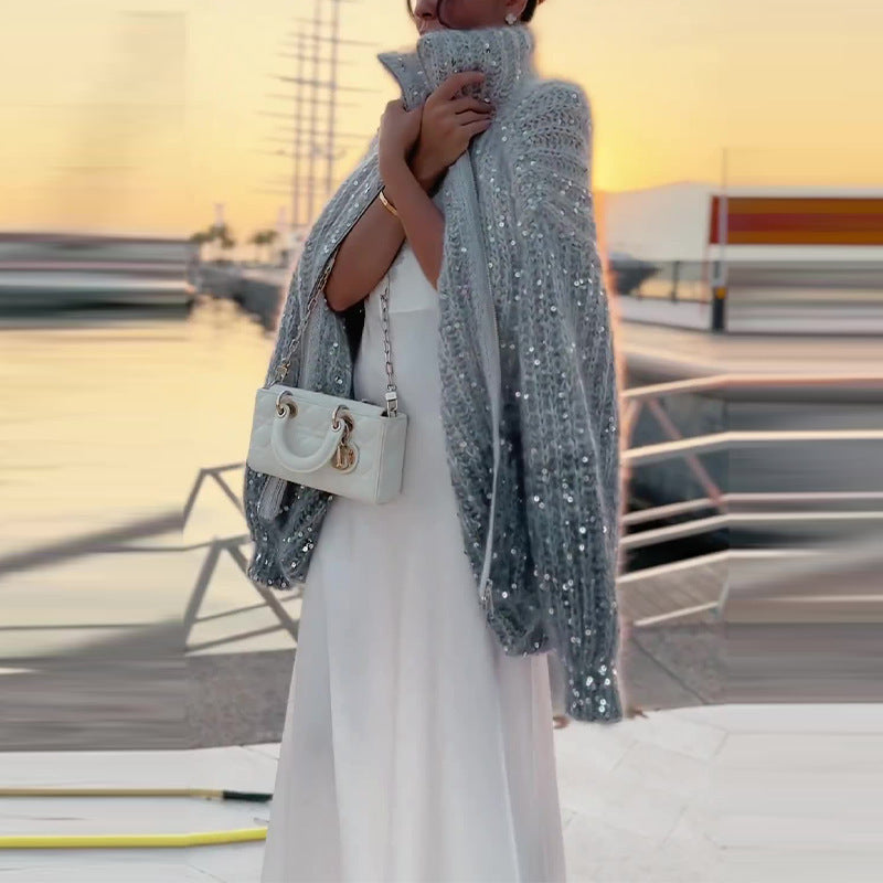 Heavy Embroidery Sequins Zipped Stand Collar Loose Sweater Coat Women - ANIBEY