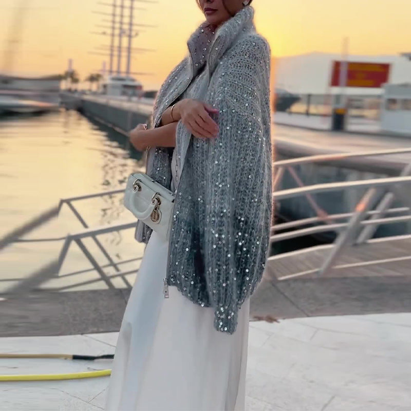 Heavy Embroidery Sequins Zipped Stand Collar Loose Sweater Coat Women - ANIBEY