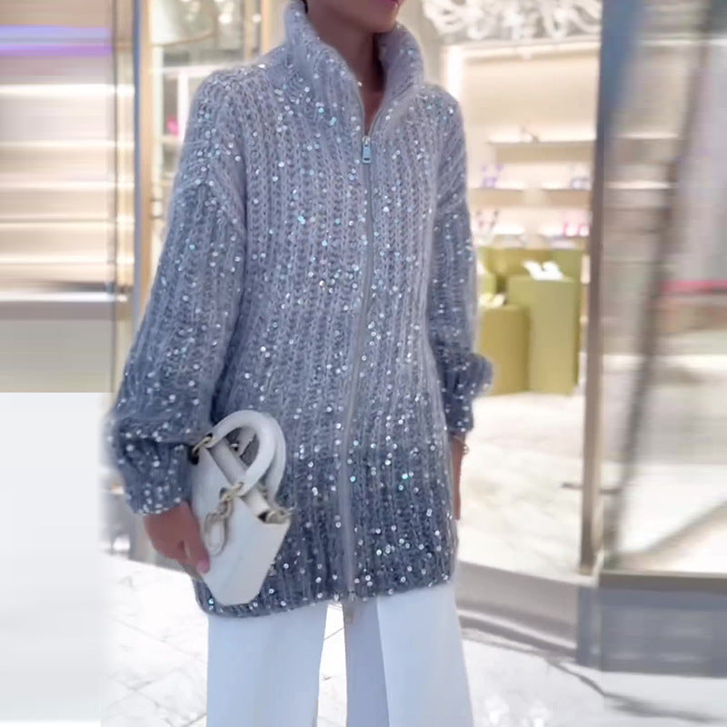 Heavy Embroidery Sequins Zipped Stand Collar Loose Sweater Coat Women - ANIBEY