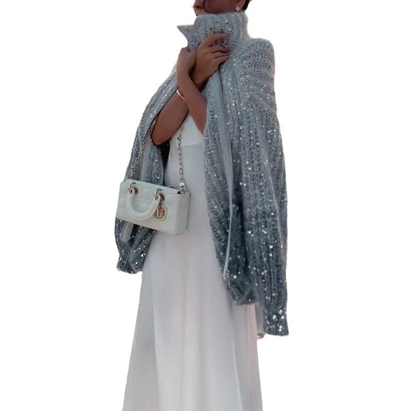 Heavy Embroidery Sequins Zipped Stand Collar Loose Sweater Coat Women - ANIBEY