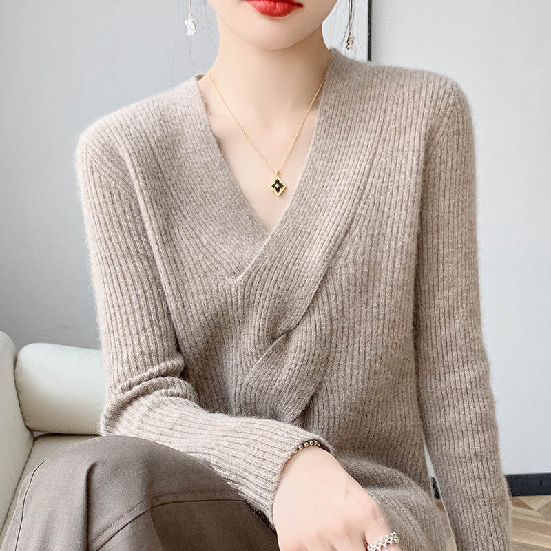 Women's Fashion Striped Cross Twisted V-neck Sweater - ANIBEY