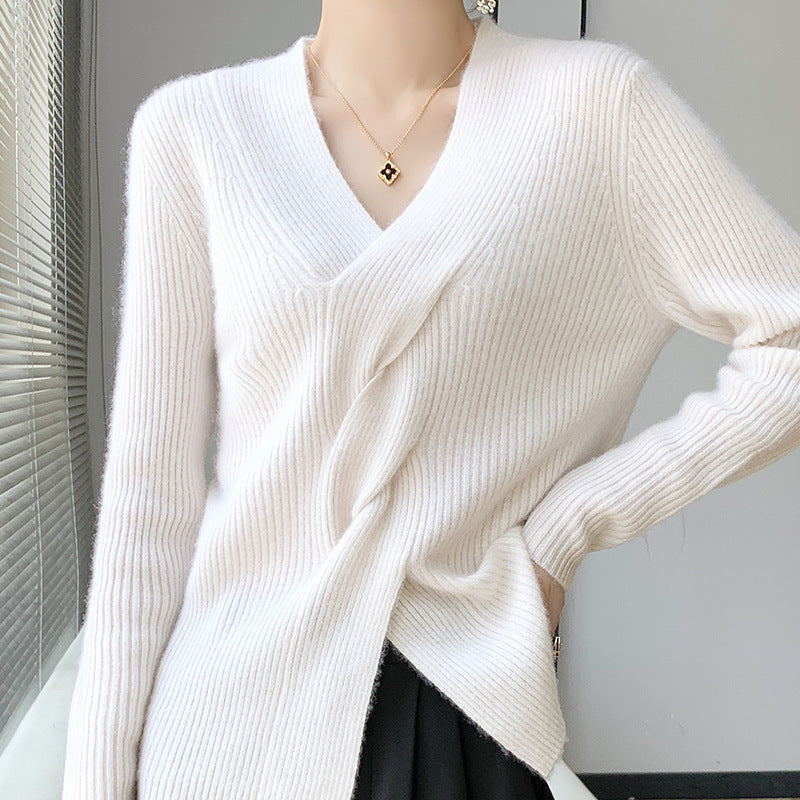 Women's Fashion Striped Cross Twisted V-neck Sweater - ANIBEY