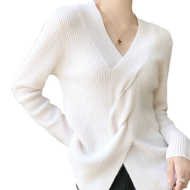 Women's Fashion Striped Cross Twisted V-neck Sweater - ANIBEY