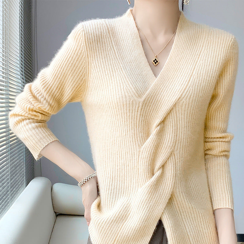 Women's Fashion Striped Cross Twisted V-neck Sweater - ANIBEY