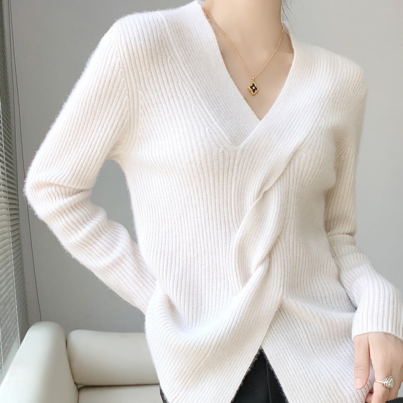Women's Fashion Striped Cross Twisted V-neck Sweater - ANIBEY