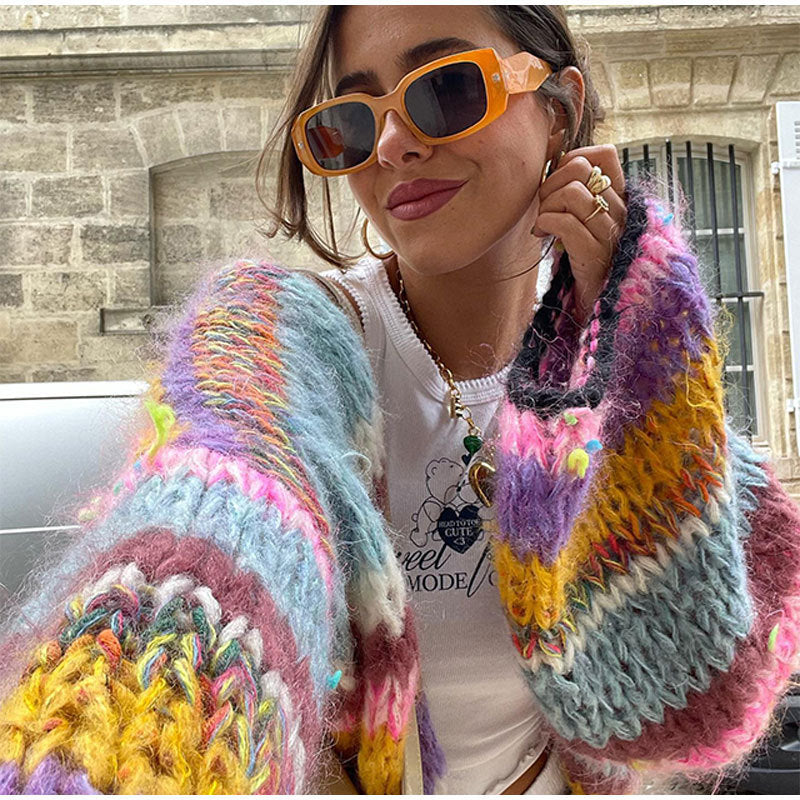 Women's Striped Long Sleeve Rainbow Plaid Cardigan Sweater - ANIBEY
