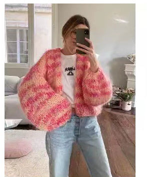 Women's Striped Long Sleeve Rainbow Plaid Cardigan Sweater - ANIBEY