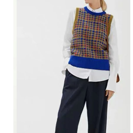 Houndstooth Purple Green Check Wool Vest - ANIBEY