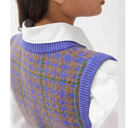 Houndstooth Purple Green Check Wool Vest - ANIBEY