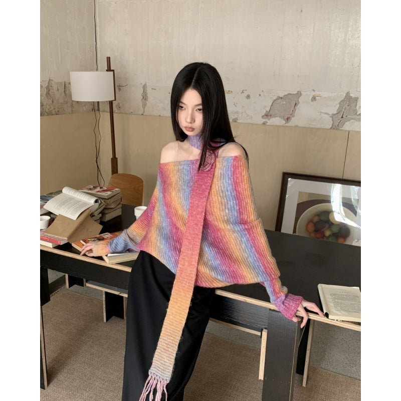 Women's Fashionable Casual Irregular Shoulder Pullover Soft Glutinous Knitted Sweater - ANIBEY