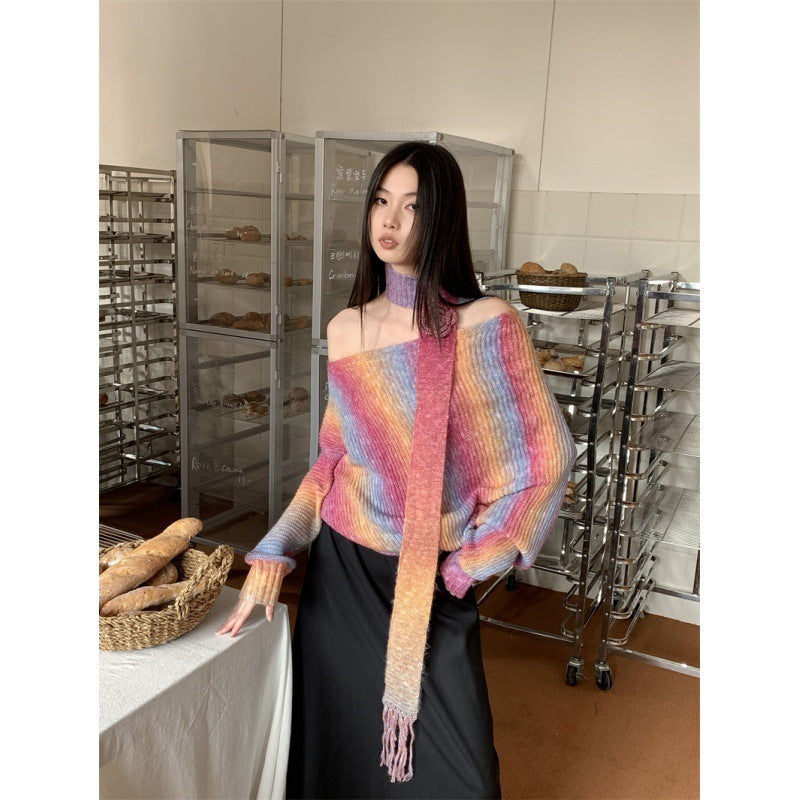 Women's Fashionable Casual Irregular Shoulder Pullover Soft Glutinous Knitted Sweater - ANIBEY