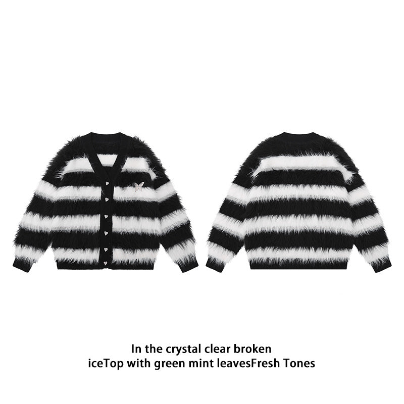 Black And White Striped Knitted Cardigan Jacket Casual Sweater - ANIBEY