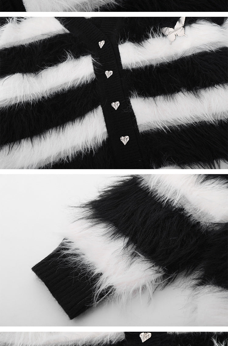 Black And White Striped Knitted Cardigan Jacket Casual Sweater - ANIBEY