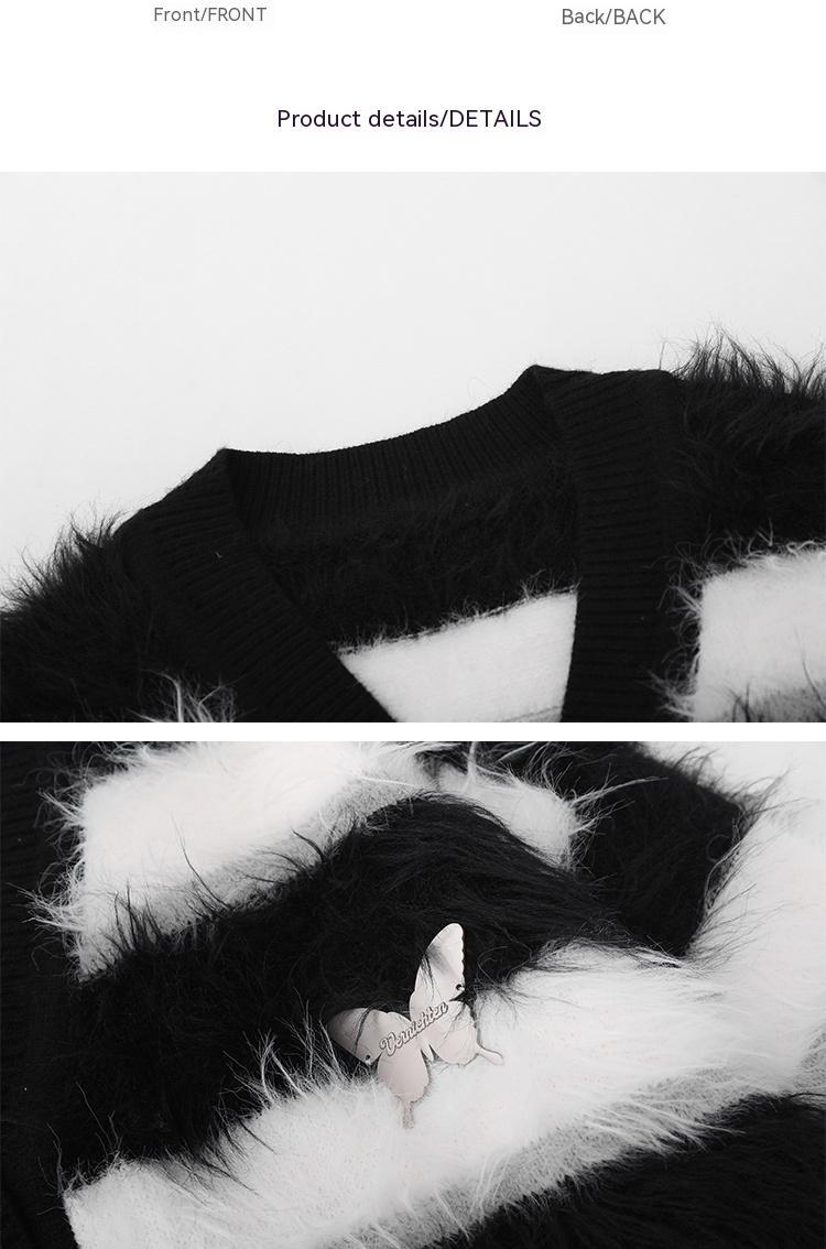 Black And White Striped Knitted Cardigan Jacket Casual Sweater - ANIBEY