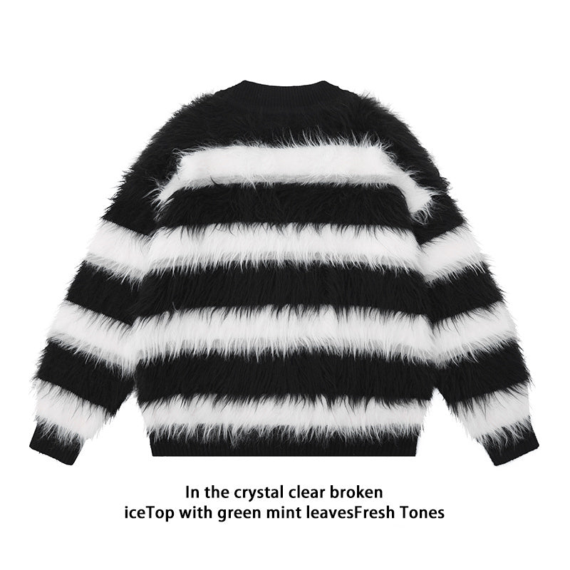 Black And White Striped Knitted Cardigan Jacket Casual Sweater - ANIBEY