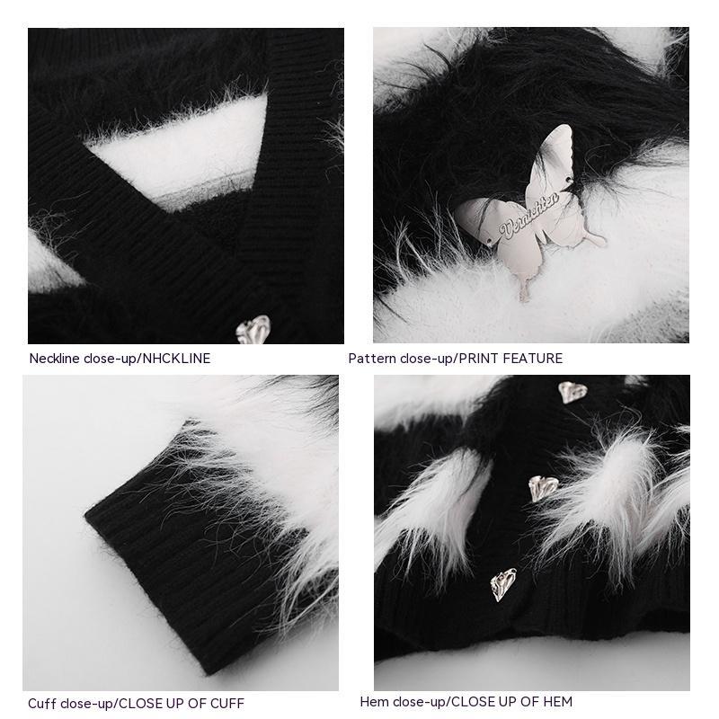 Black And White Striped Knitted Cardigan Jacket Casual Sweater - ANIBEY