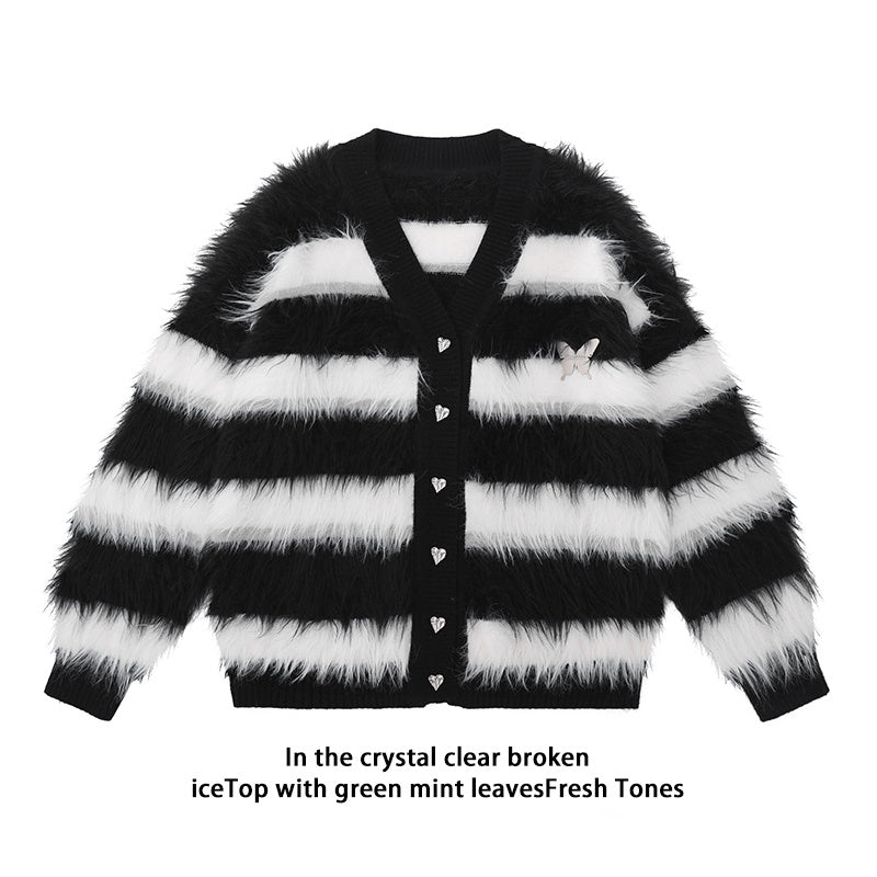 Black And White Striped Knitted Cardigan Jacket Casual Sweater - ANIBEY