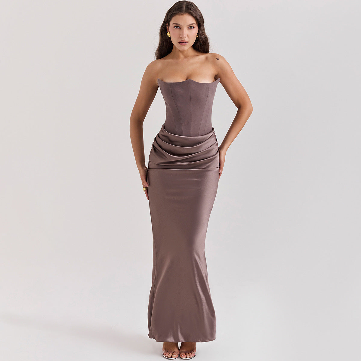 Fishbone Bandeau Slim-fit Backless Autumn And Winter Velvet Dress Black Evening Gown - ANIBEY