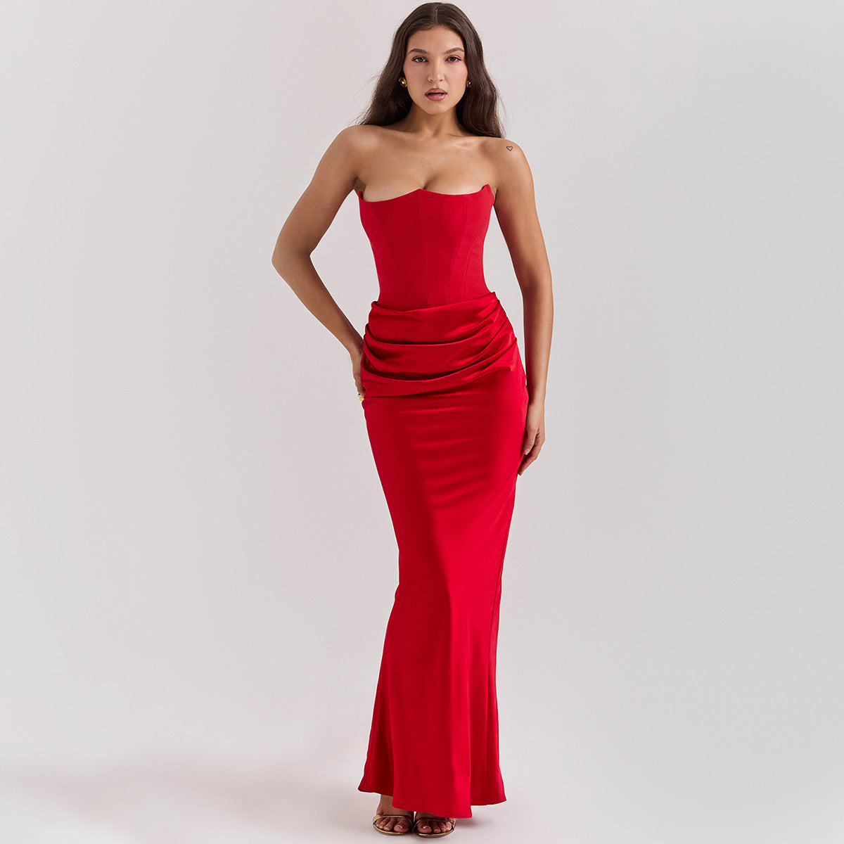 Fishbone Bandeau Slim-fit Backless Autumn And Winter Velvet Dress Black Evening Gown - ANIBEY