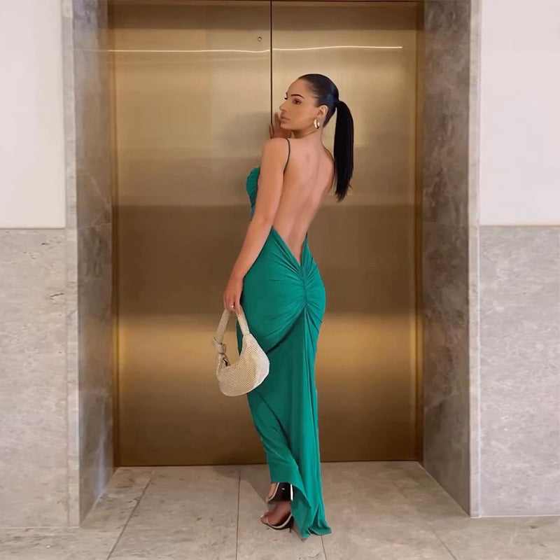 Backless Pleated Sheath Women's Leisure Vacation Long Dress