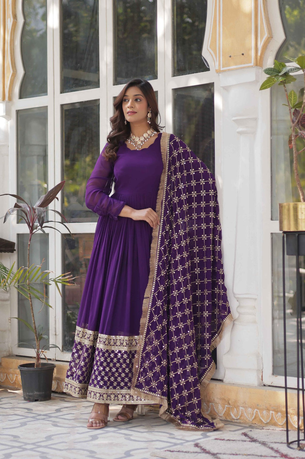 Georgette Sequins Embroidered Flared Gown With Heavy Dupatta