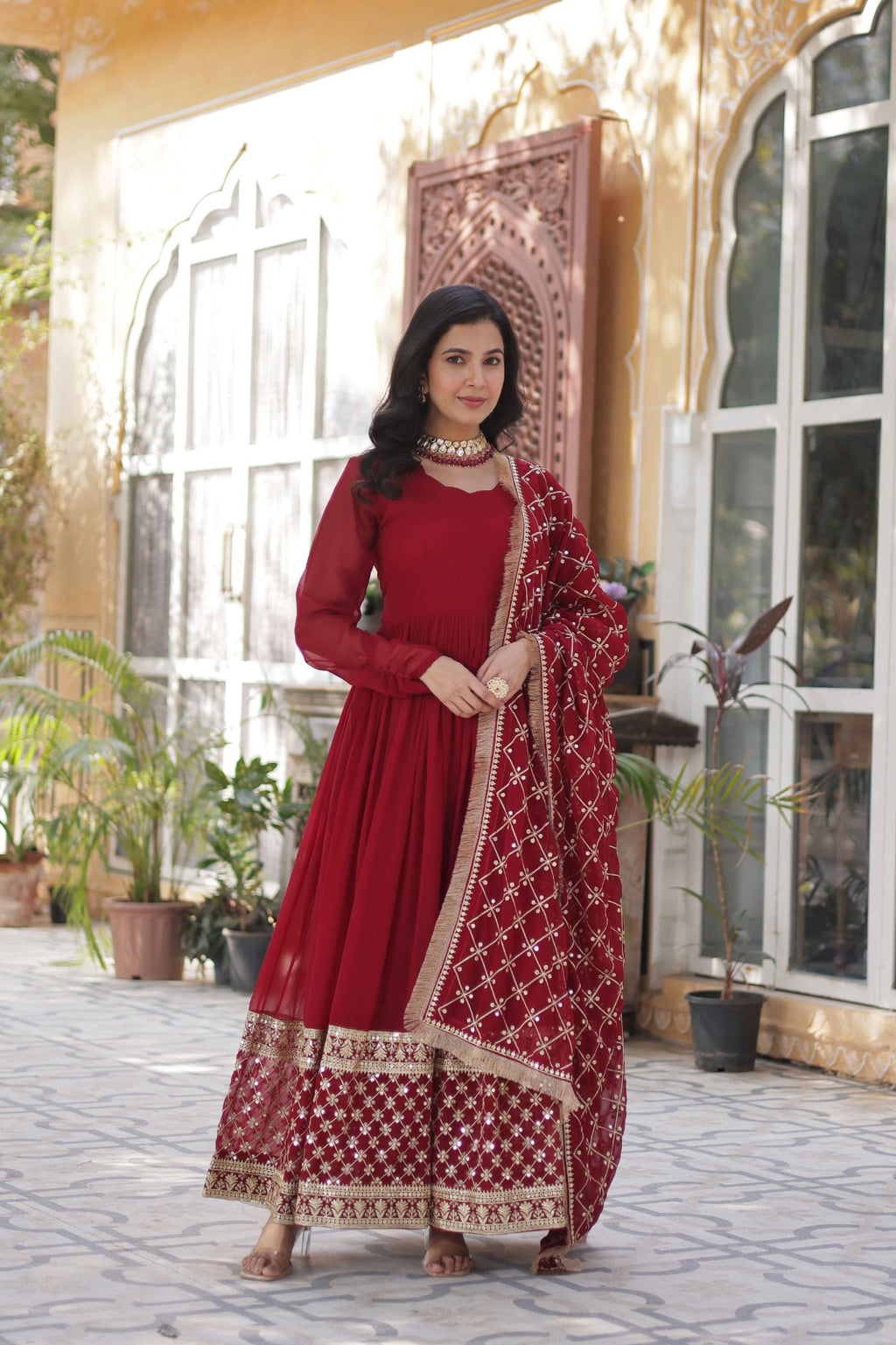 Georgette Sequins Embroidered Flared Gown With Heavy Dupatta