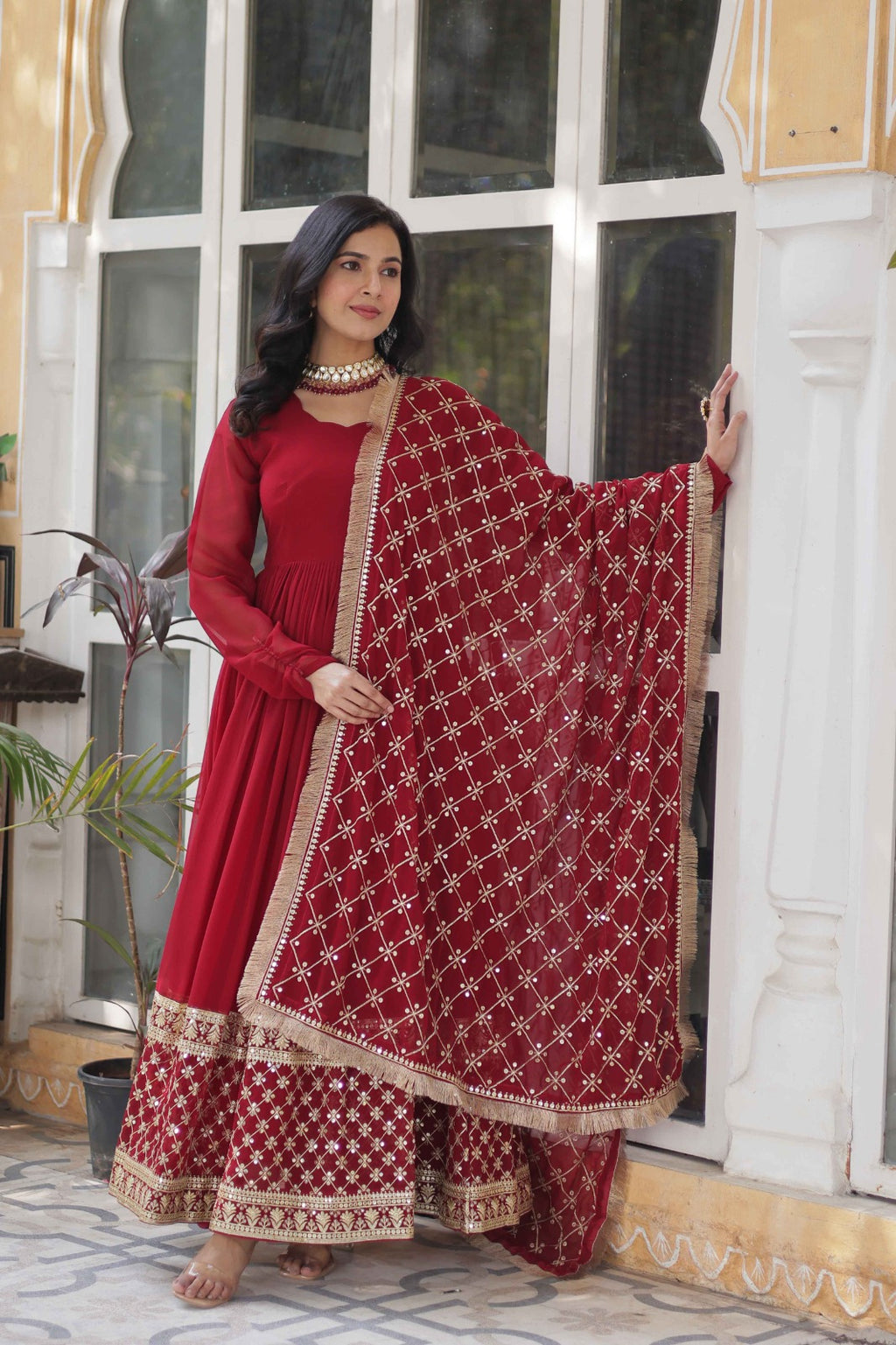 Georgette Sequins Embroidered Flared Gown With Heavy Dupatta
