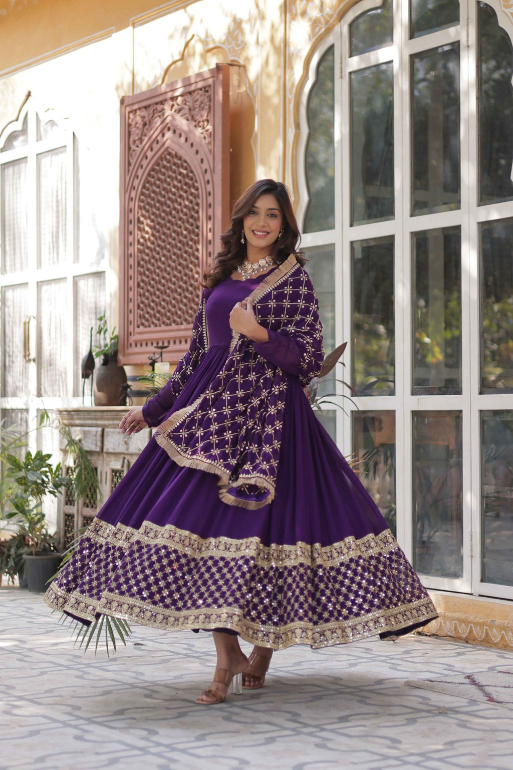 Georgette Sequins Embroidered Flared Gown With Heavy Dupatta