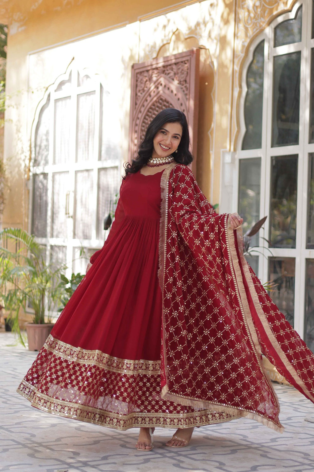 Georgette Sequins Embroidered Flared Gown With Heavy Dupatta